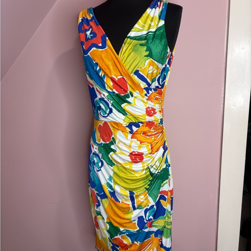 Lauren Ralph Lauren Yellow Green Ruched One Shoulder Dress